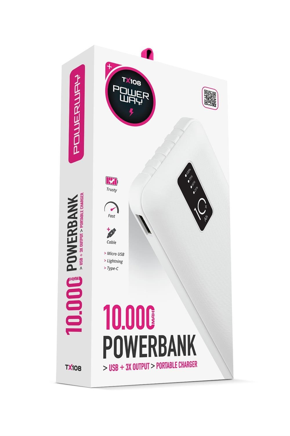 Powerway TX10 Beyaz 10.000 mAh Dijital Göstergeli 2 Çıkışlı Powerbank