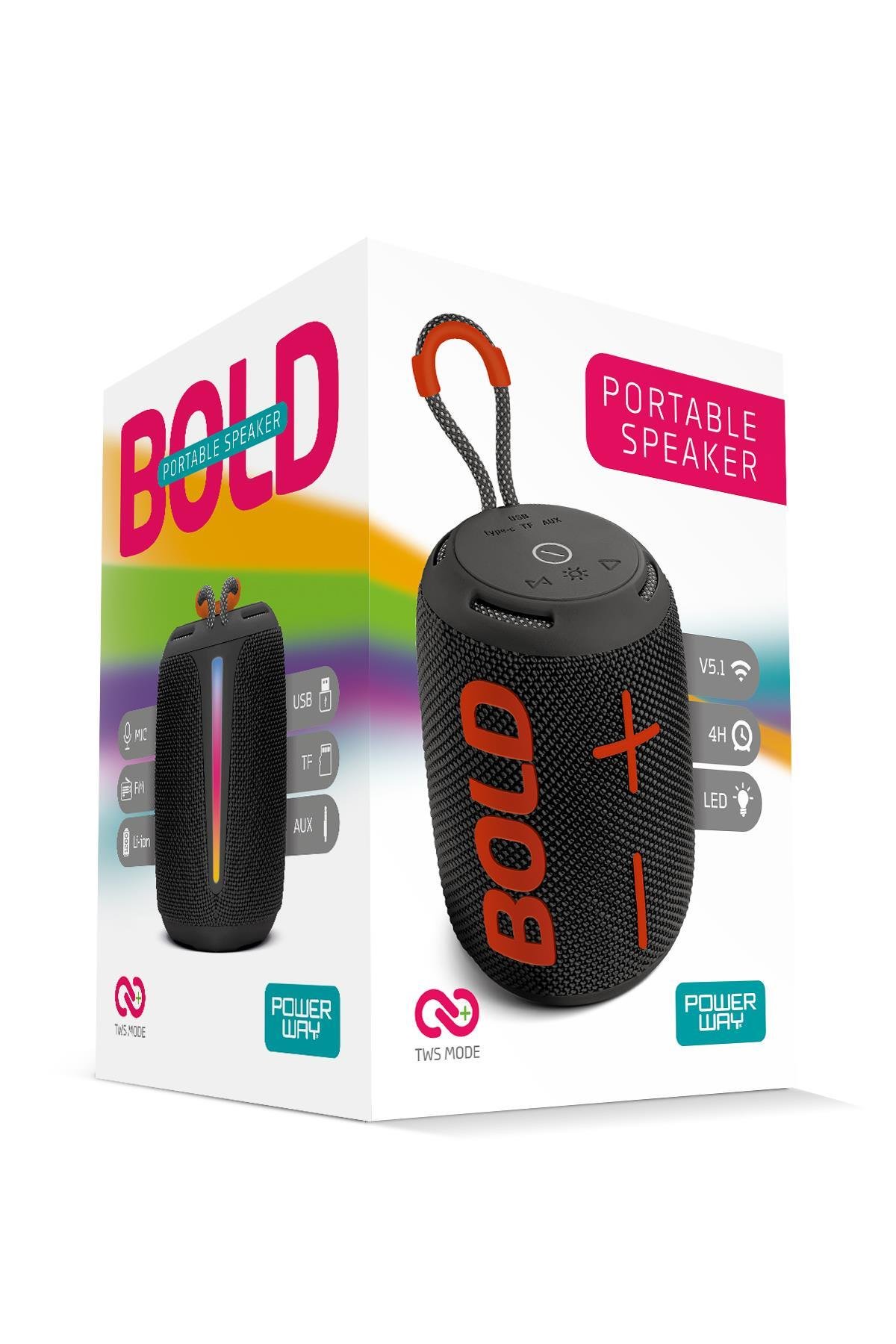 Powerway Bold Siyah Taşınabilir Ses Bombası Kablosuz Bluetooth Hoparlör Speaker Yüksek Sesli TWS