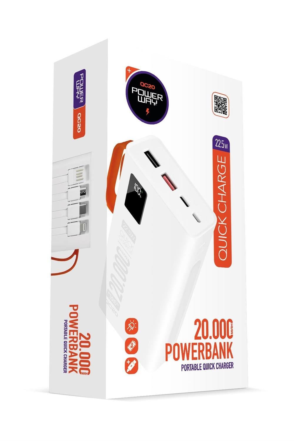 Powerway QC20 Beyaz 20.000 Mah PD 22.5W Dahili Kablolu Hızlı Şarj Led Işıklı Powerbank