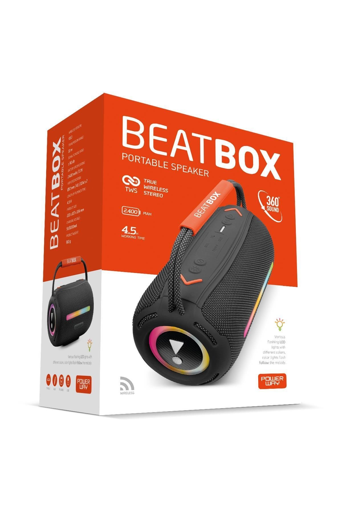 Powerway BeatBox Siyah Led Işıklı Dayanıklı Ses Bombası Usb Sd Aux FM Radyo Bluetooh Hoparlör