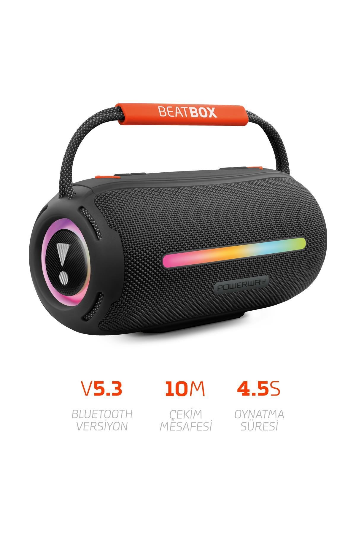 Powerway BeatBox Siyah Led Işıklı Dayanıklı Ses Bombası Usb Sd Aux FM Radyo Bluetooh Hoparlör